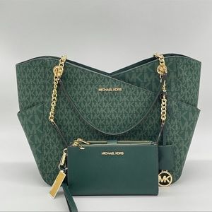 Michael Kors Large X Chain Shoulder Tote Bag & Trifold Wallet Midnight Green